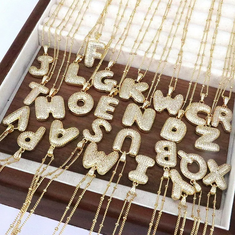 Alphabet Initial Pendant Necklace Copper Gold Plated Cubic Zirconia Bubble Pave Rhinestone Letter Hip Hop Trendy Jewelry