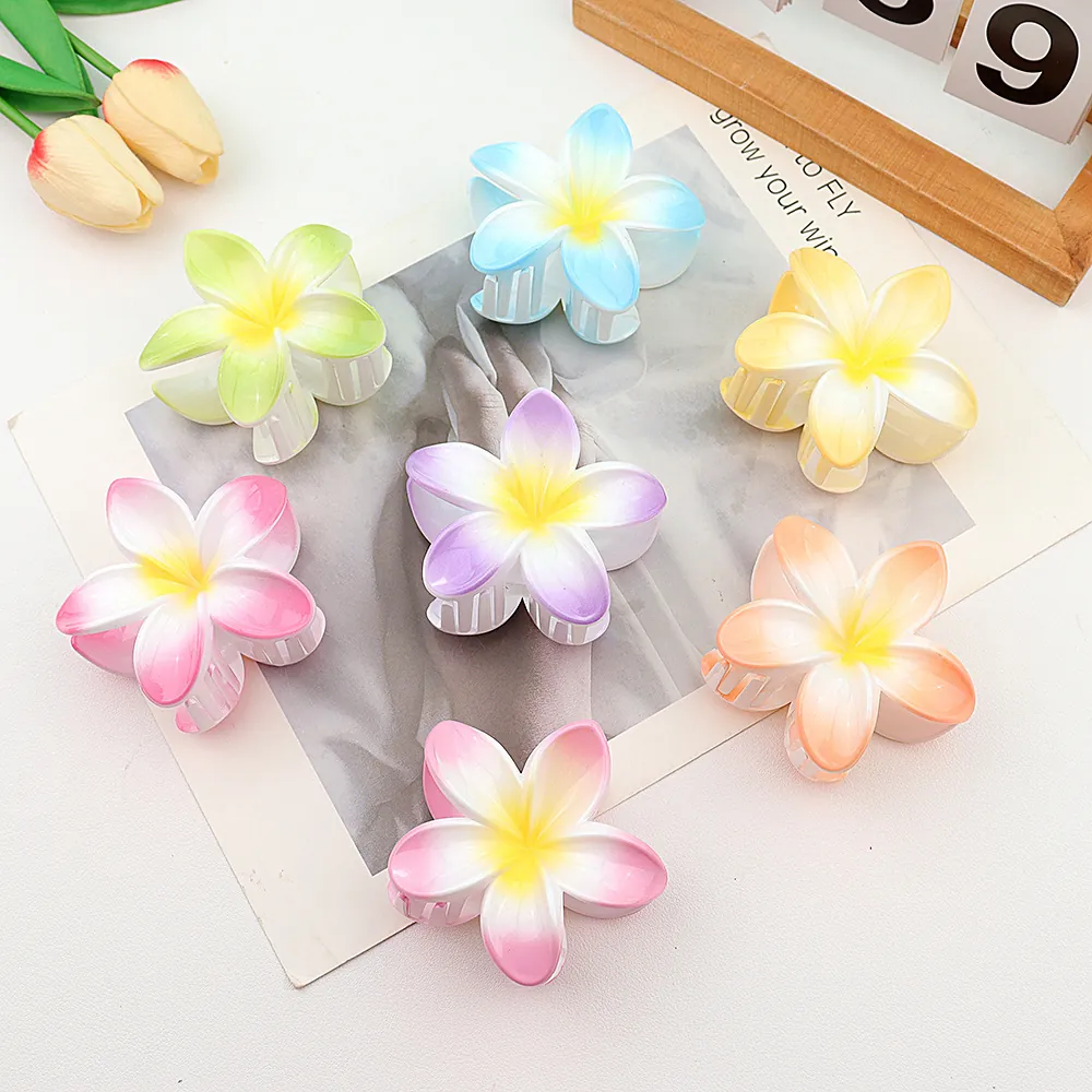 Plumeria Flower Hair Claw Clip Large Plastic Gradient Frangipani Hairpin Nonslip Summer Beach Accessories For Women