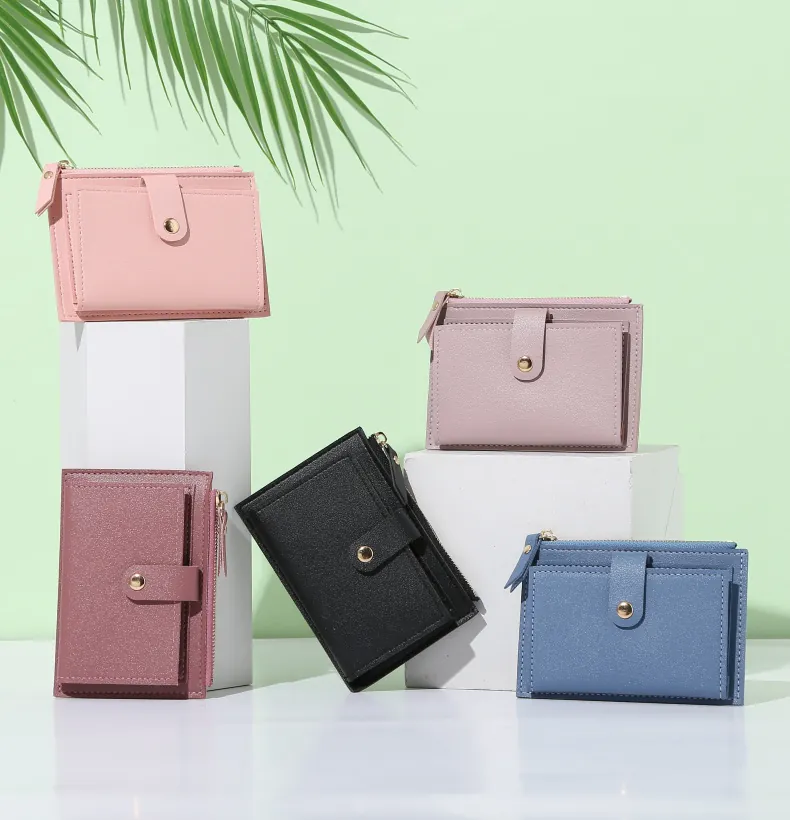 Slim Card Holder Mini Wallet PU Leather Litchi Pattern Zipper Coin Purse Multi Slots Snap Closure For Women Small Minimalist