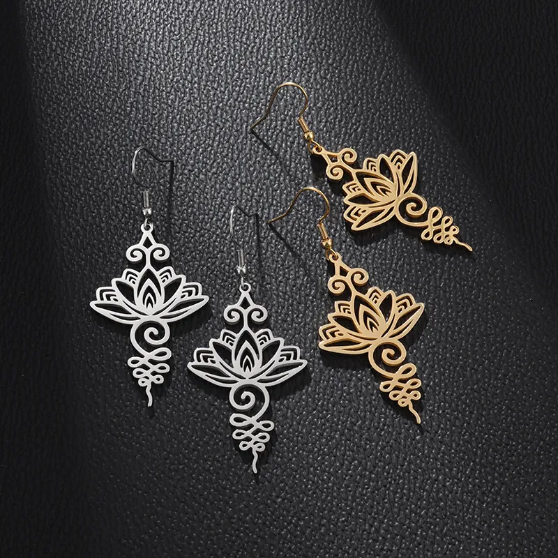 Vintage Hollow Lotus Mandala Hook Earrings Stainless Steel Yoga Unalome Geometric Dangle Jewelry For Women Ethnic Style