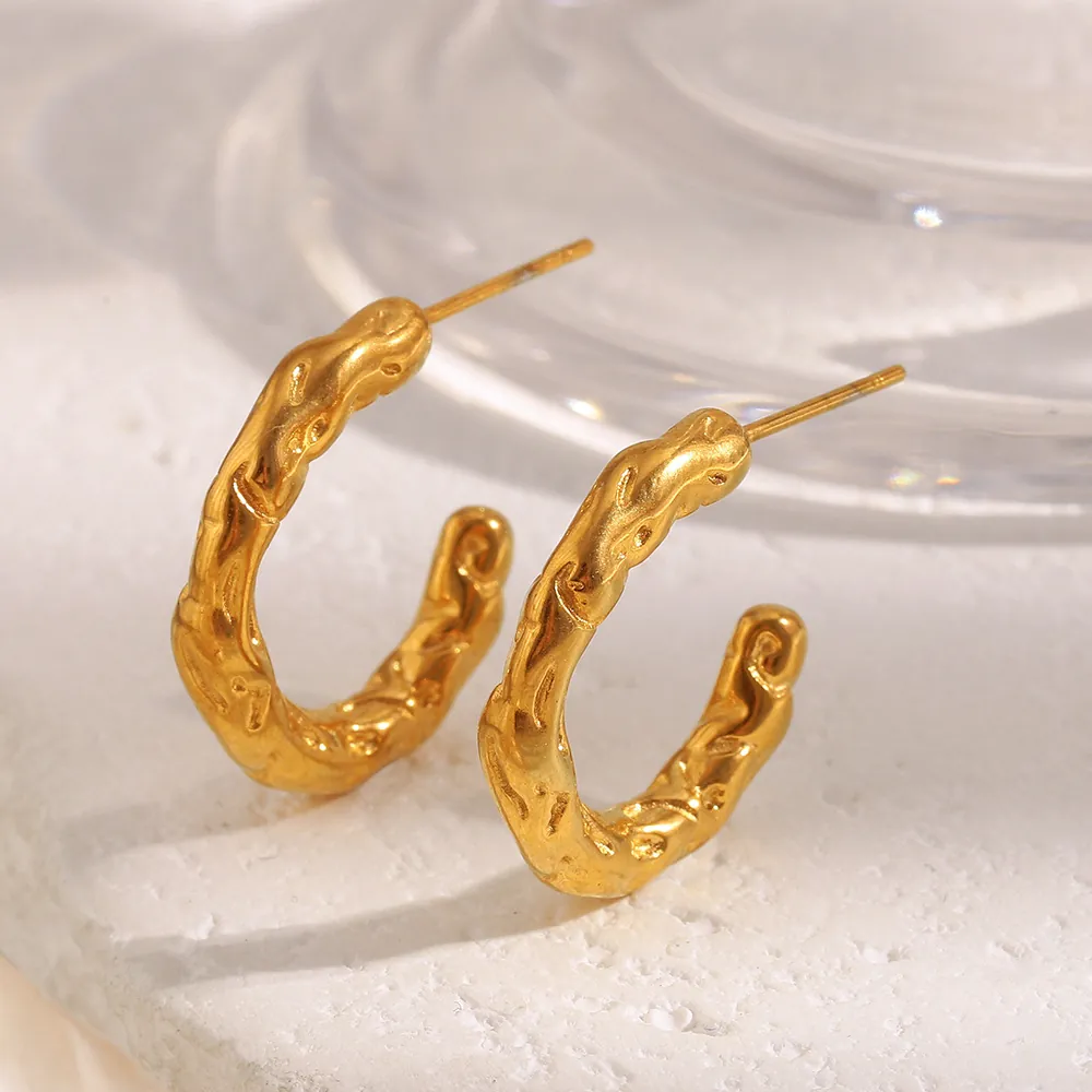 Hoop Earrings For Women Stainless Steel 18K Gold Plated C Shape Irregular Hammered Texture Minimalist Euro Style Niche