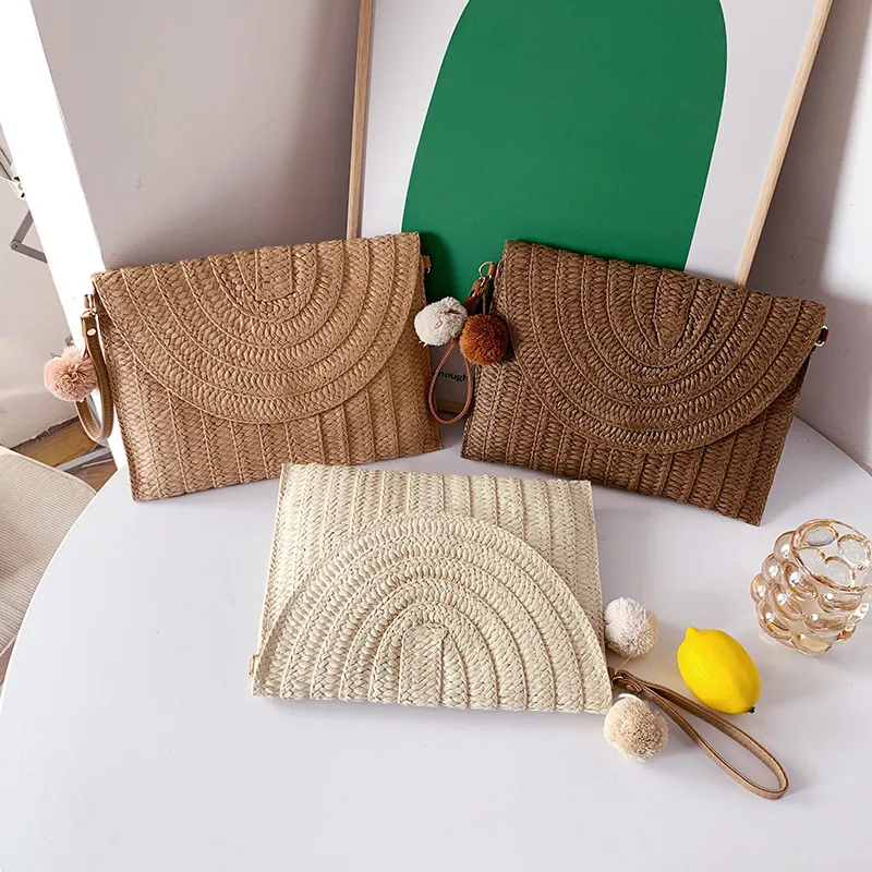 Handmade Woven Straw Crossbody Bag Summer Beach Bohemian Envelope Clutch With Pom Pom Charm Adjustable Strap