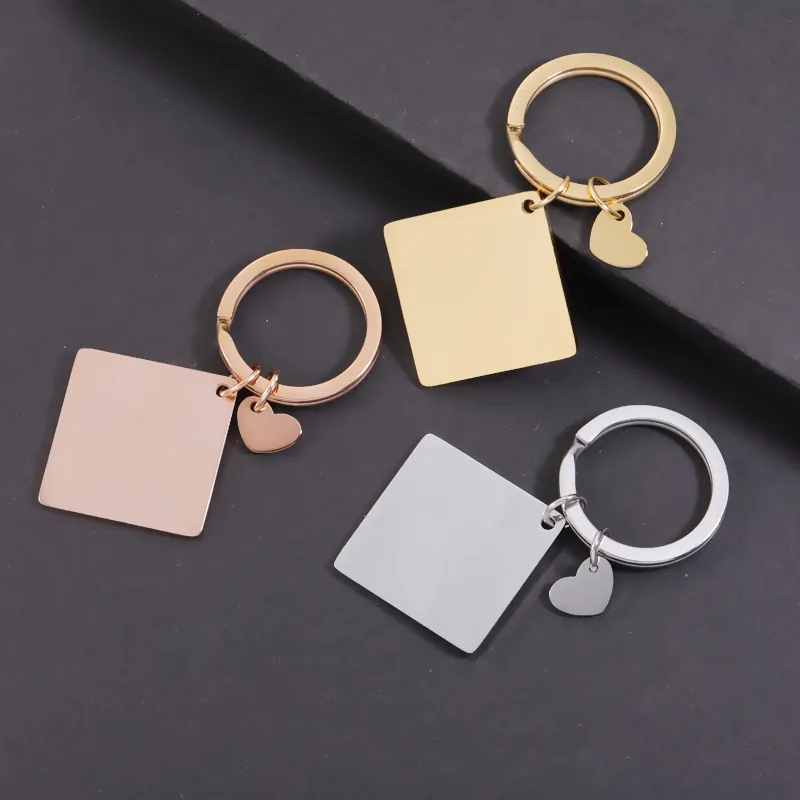 Stainless Steel Keychain With Square Tag And Heart Charm Mirror Polished DIY Accessory
