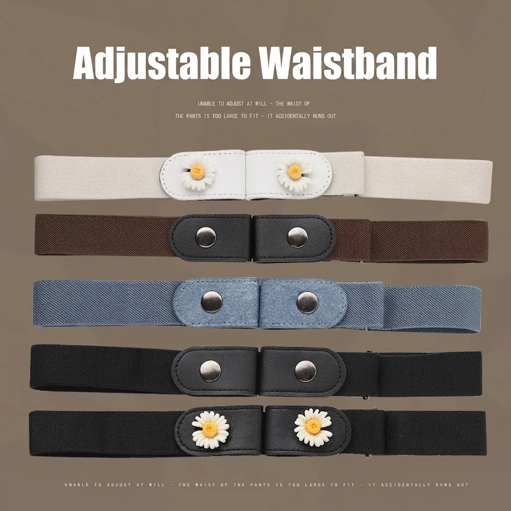 Women Lazy Elastic Invisible Belt For Jeans Pants No Buckle Adjustable Waist Belt With Daisy Floral Decoration Alloy Fabric