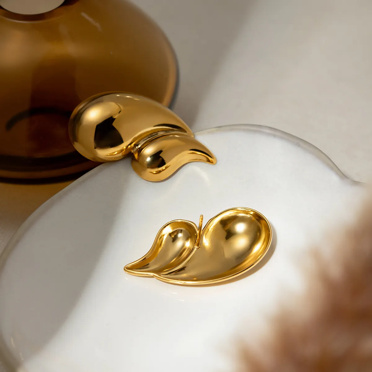 Minimalist Water Drop And Ribbed Stainless Steel Earrings For Women 18K Gold Plated Double Layer Polished Geometric