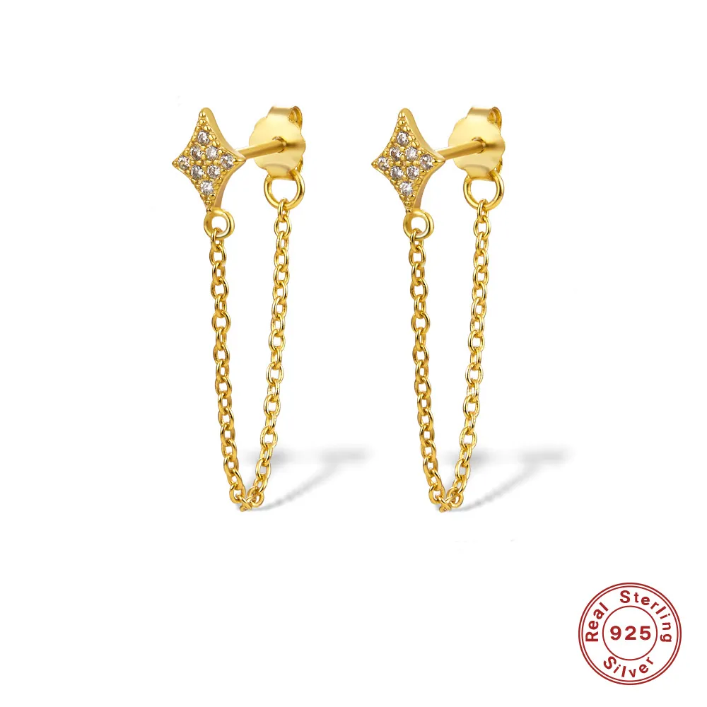 Star Stud Earrings With Chain Tassel 925 Sterling Silver Cubic Zirconia Minimalist Elegant Jewelry For Women
