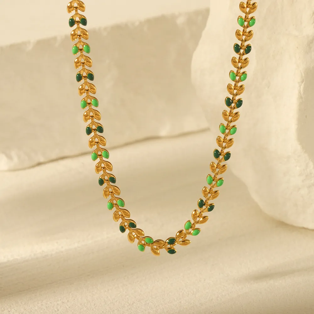 Collier Vigne Feuille D'olivier En Acier Inoxydable Avec Émail Vert Bicolore Plaqué Or Bijoux Tendance Pour Femmes Nature