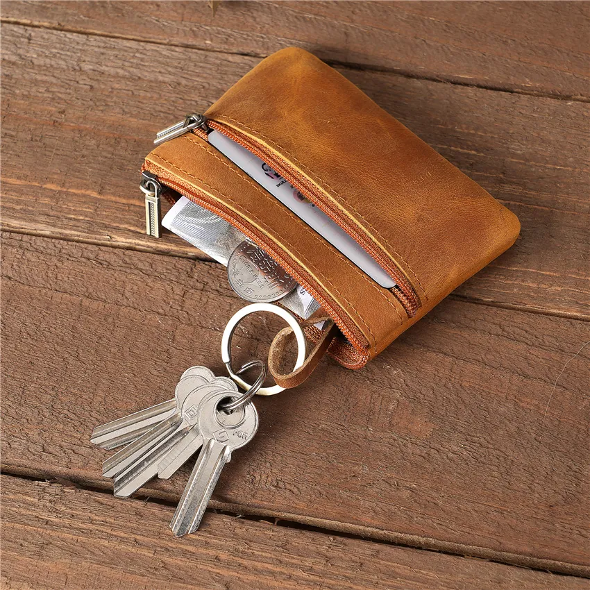 Porte Monnaie Vintage En Cuir Véritable Double Fermeture Éclair Petit Sac À Monnaie Rétro Porte Cartes Pour Hommes Femmes