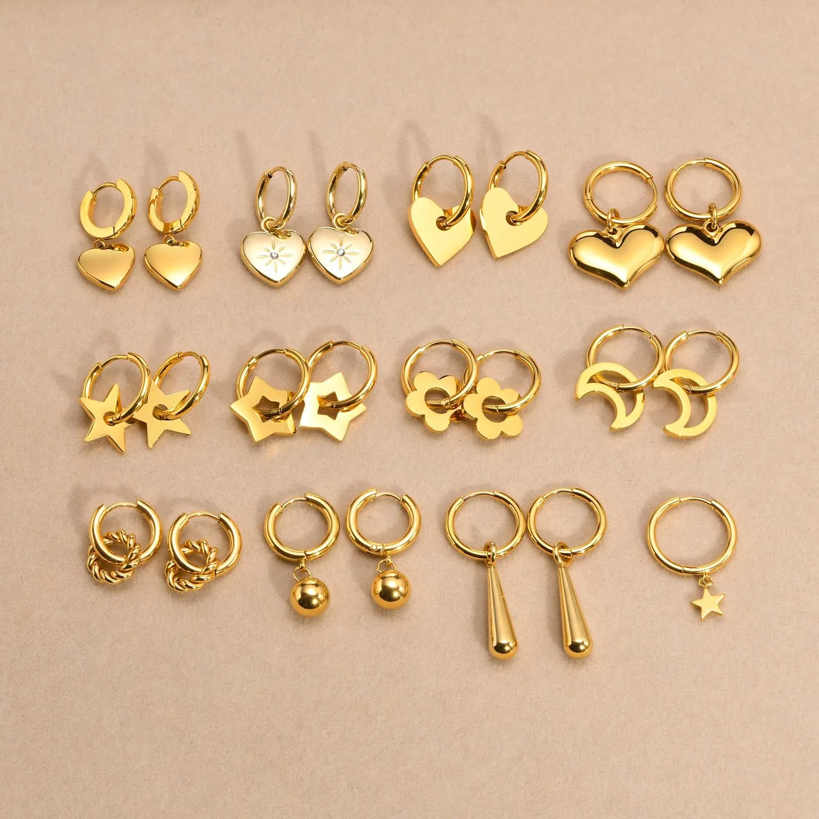 Stainless Steel Hoop Earrings For Women Gold Plated Star Heart Flower Drop Charms Minimalist Dangle Ear Jewelry