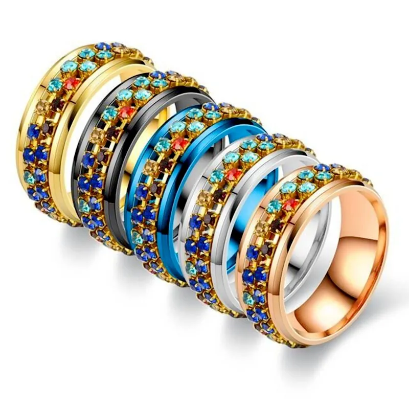 Bague Spinner Rotative en Acier Inoxydable Avec Incrustation de Strass Colorés pour Hommes Femmes Soulagement de Stress Bijoux