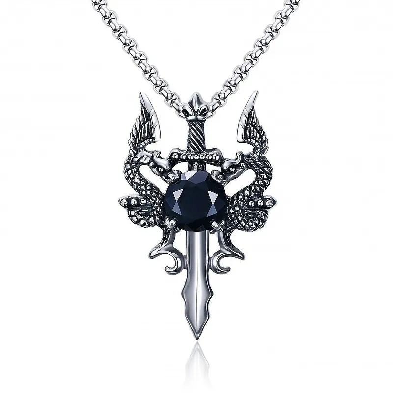 Retro Dragon Wrapped Sword Pendant Necklace With Faux Gemstone Inlay Gothic Punk Jewelry For Men