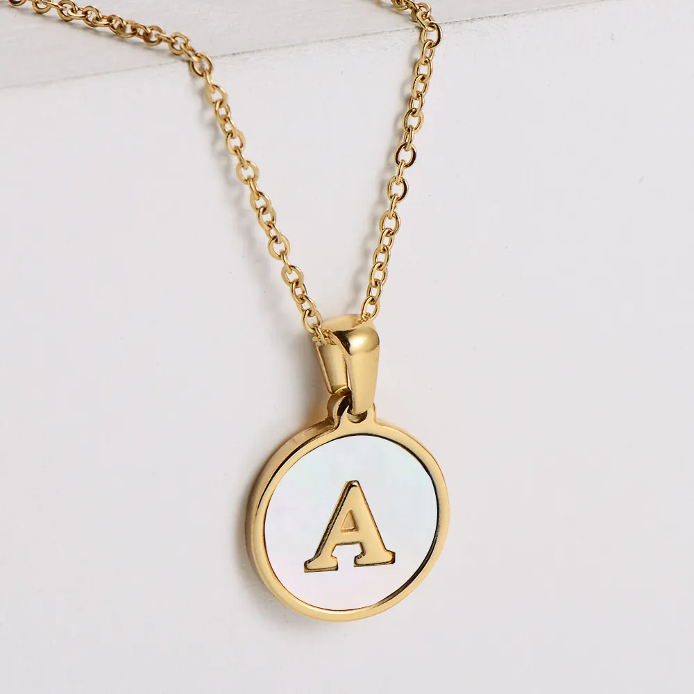 Collar Inicial Letra Disco Redondo Acero Inoxidable 304 Chapado Oro 18k Colgante Concha Joyería Para Mujer