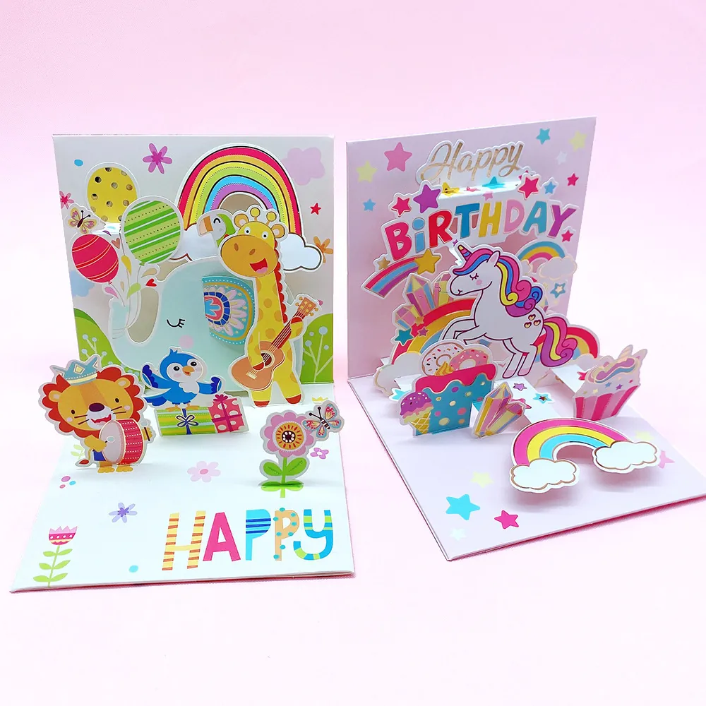 3D Pop Up Greeting Card Cartoon Animal Unicorn Rainbow Paper Birthday Wishes Card For Kids Graduation Gift