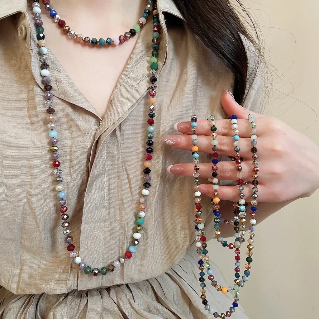 Bohemian Long Beaded Sweater Chain Necklace Faceted Colorful Glass Crystal Vintage Jewelry For Women