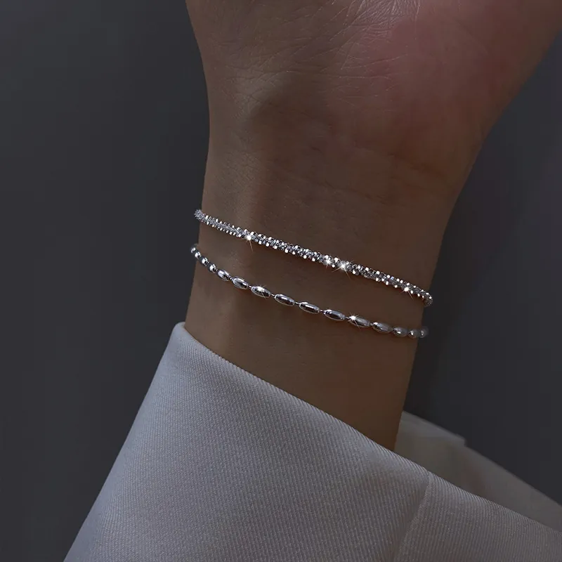 Double Layer Bracelet Silver Plated Copper Oval Beads Starry Chain Adjustable Jewelry For Women Minimalist
