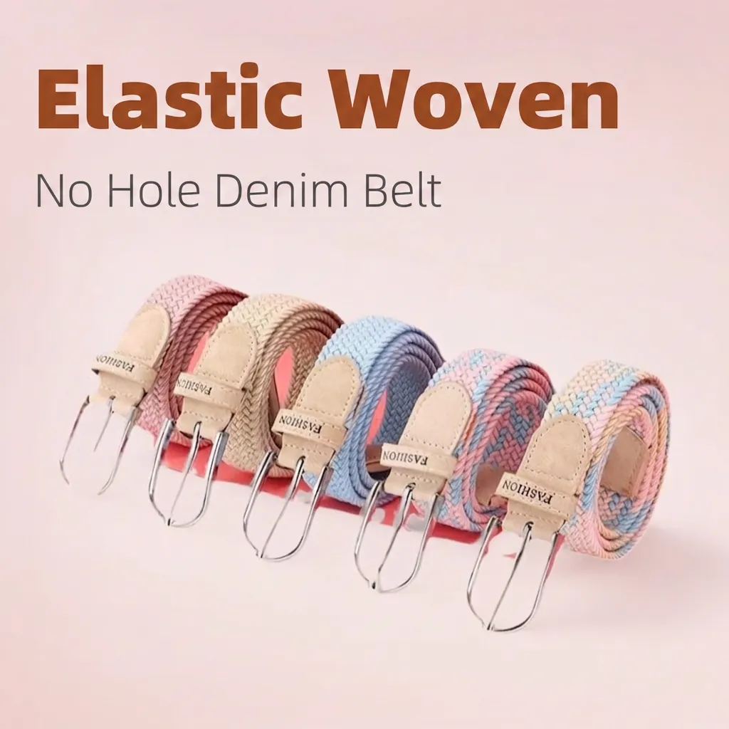 Women Braided Elastic Belt Canvas Woven Stretchy Waistband Hole Free Alloy Pin Buckle For Jeans Casual Sweet Candy Color