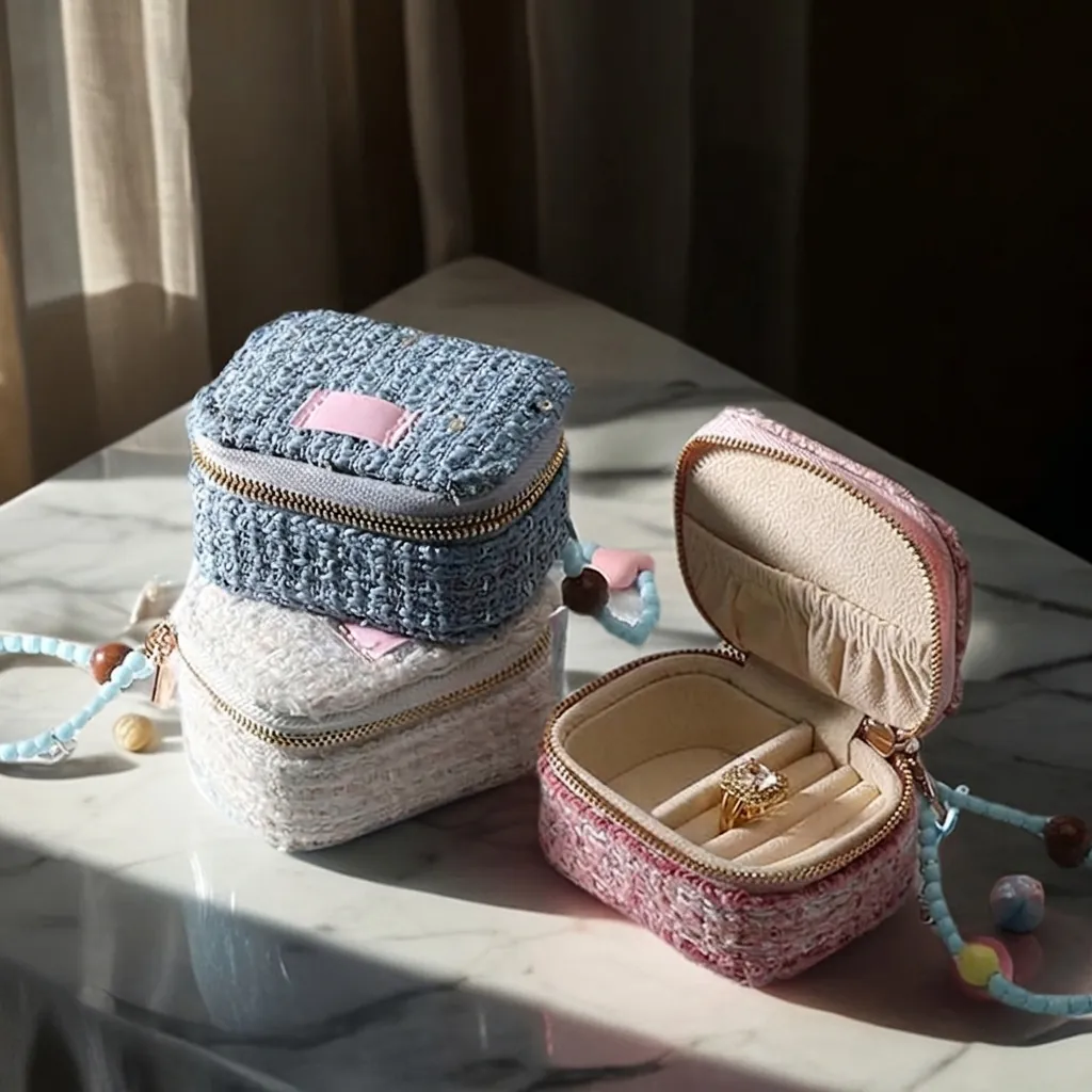 Tragbare Schmuckschatulle Samt PU Leder Tweed Reise Organizer Reißverschluss Etui Ringe Ohrringe Halsketten Mini Elegant
