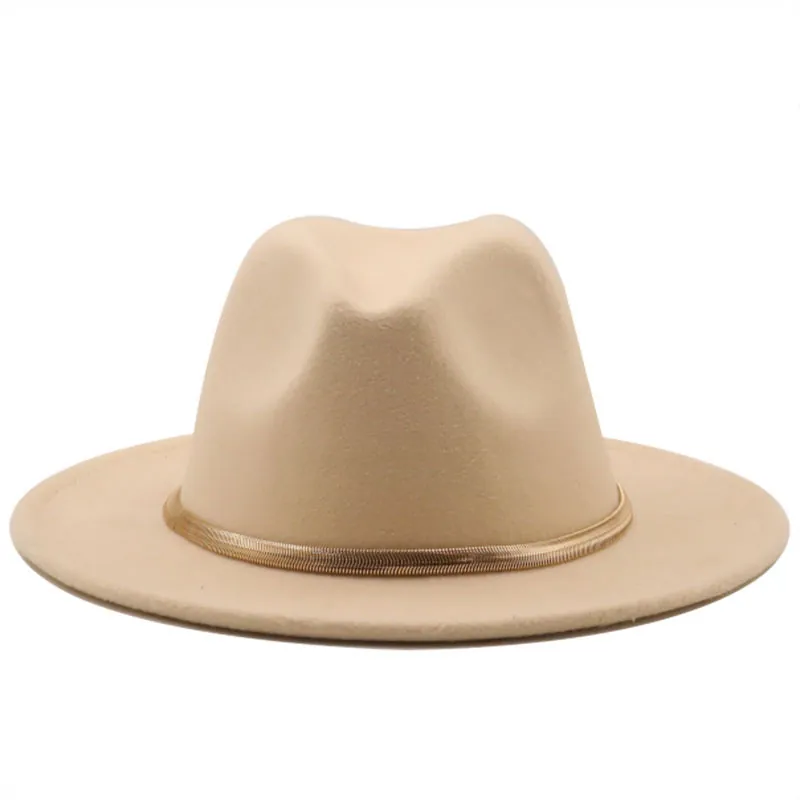 Fedora Hat Wide Brim Retro British Style With Gold Metal Chain Band Elegant Felt Jazz Hat For Women