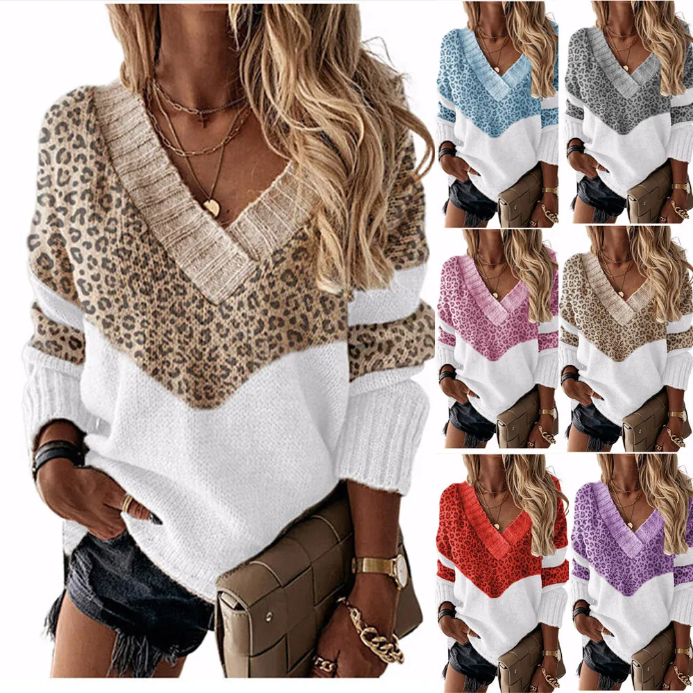 Women's Casual V-Neck Color Block Leopard Striped Knit Pullover Sweater Long Sleeve Loose Autumn Winter Acrylic Top Knitwear