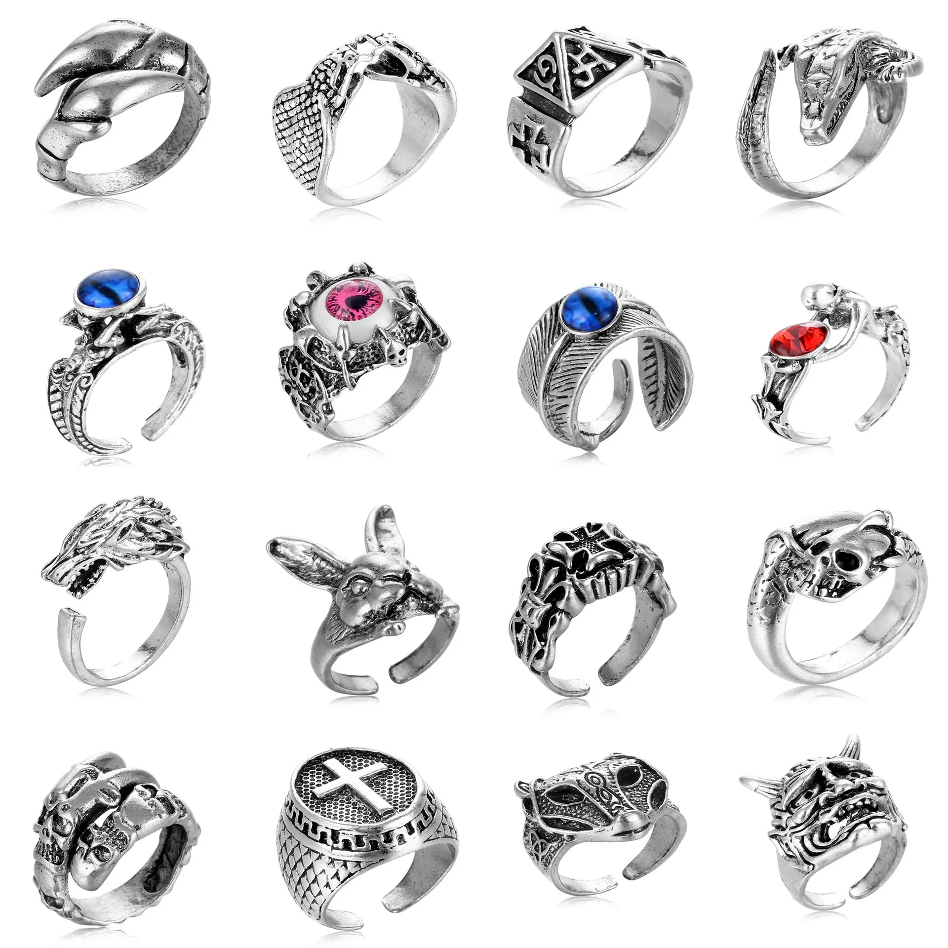 Anello Aperto Regolabile Lega Vintage Gothic Punk Hip Hop Teschio Animale Croce Gioielli Uomo Donna Retro Argento Vecchio