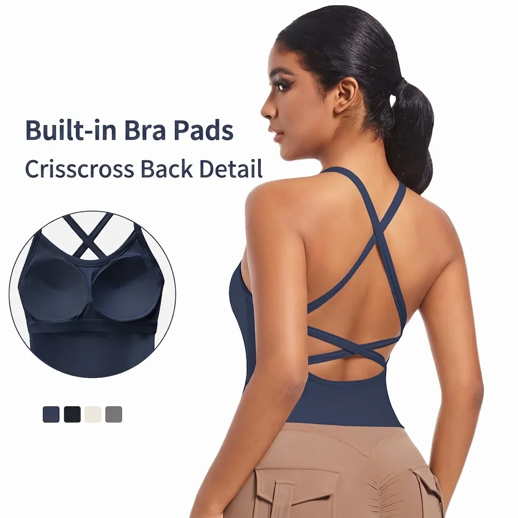 Soutien-Gorge de Sport Sexy à Dos Croisé en Nylon Débardeur de Fitness Yoga Haut Élastique Gilet avec Bonnets Fixes