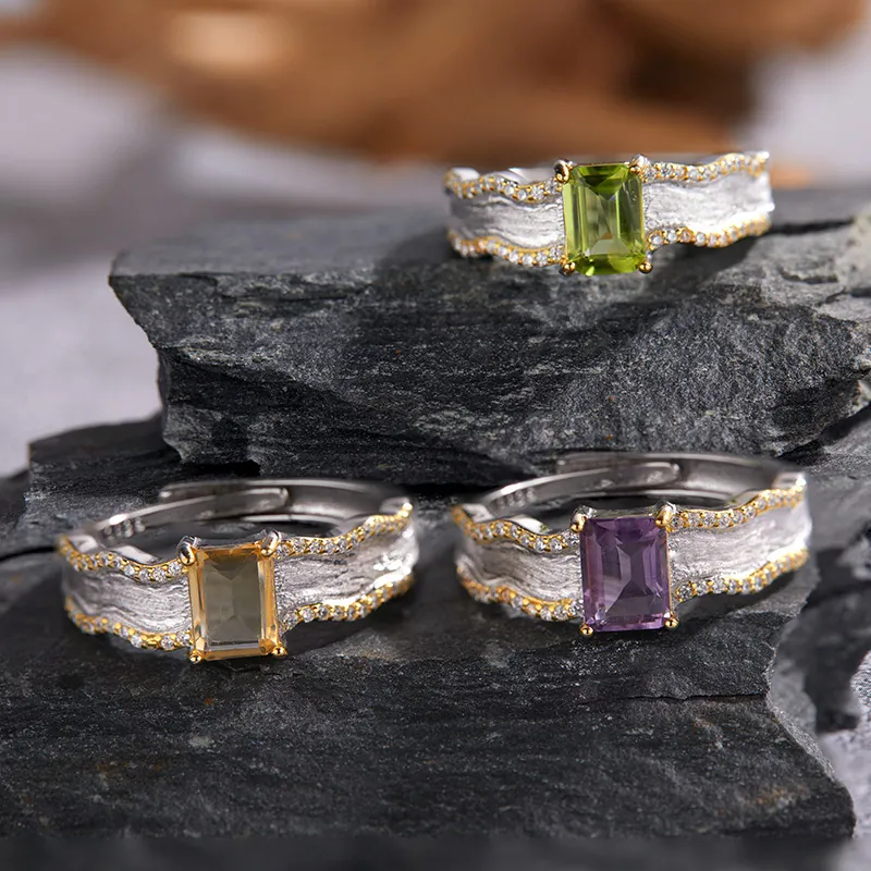 S925 Sterling Silver Textured Open Ring Natural Amethyst Peridot Citrine Gemstone Adjustable Frosted Jewelry Gift For Women