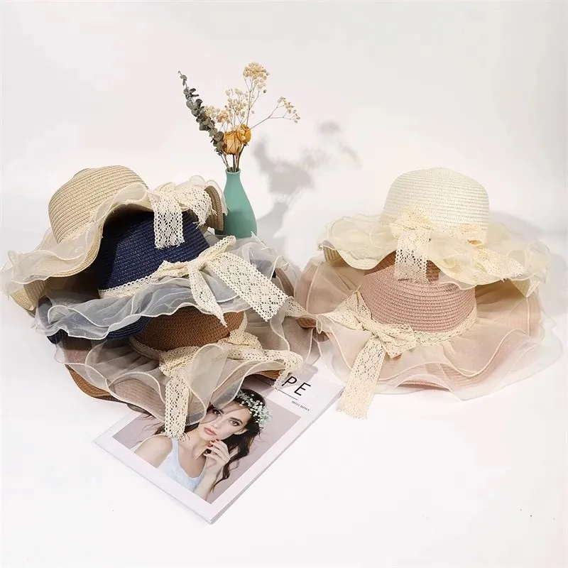 Straw Sun Hat For Women Wide Brim UV Protection Foldable Elegant Organza Lace Bow Summer Beach Holiday