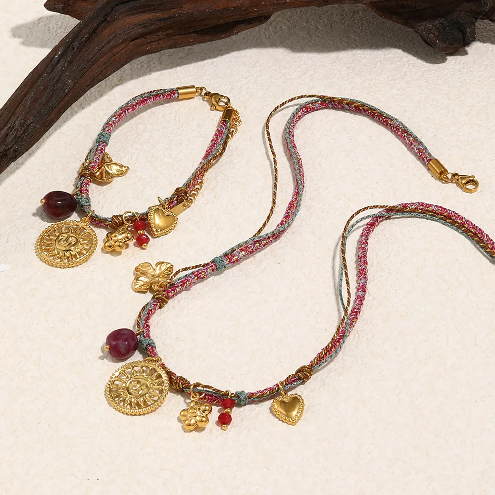 Bohemian Pendant Necklace With 18K Gold Plated Stainless Steel Sun Heart Charms And Colorful Woven Cotton Cord