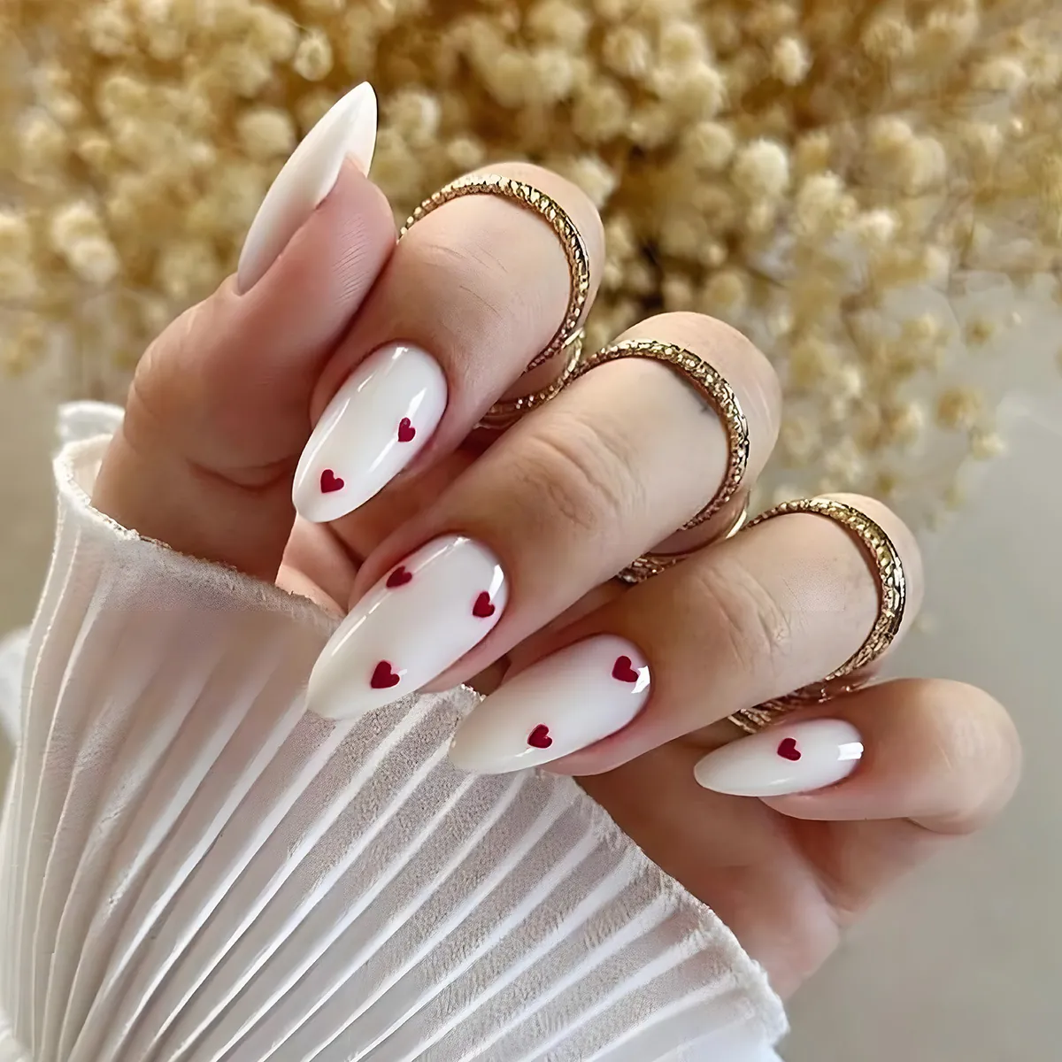 Red Heart White Base Press On Nails Long Almond Shape False Nails French Style Manicure For Women