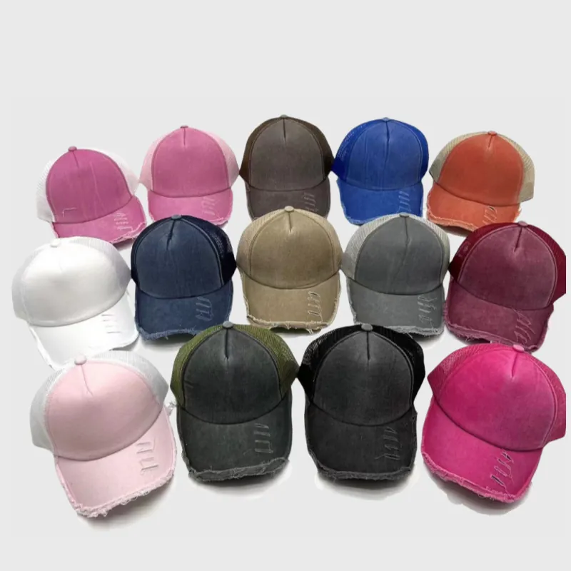 Distressed Washed Cotton Mesh Trucker Hat Vintage Worn Hole Baseball Cap Adjustable Outdoor Sunshade Breathable Unisex