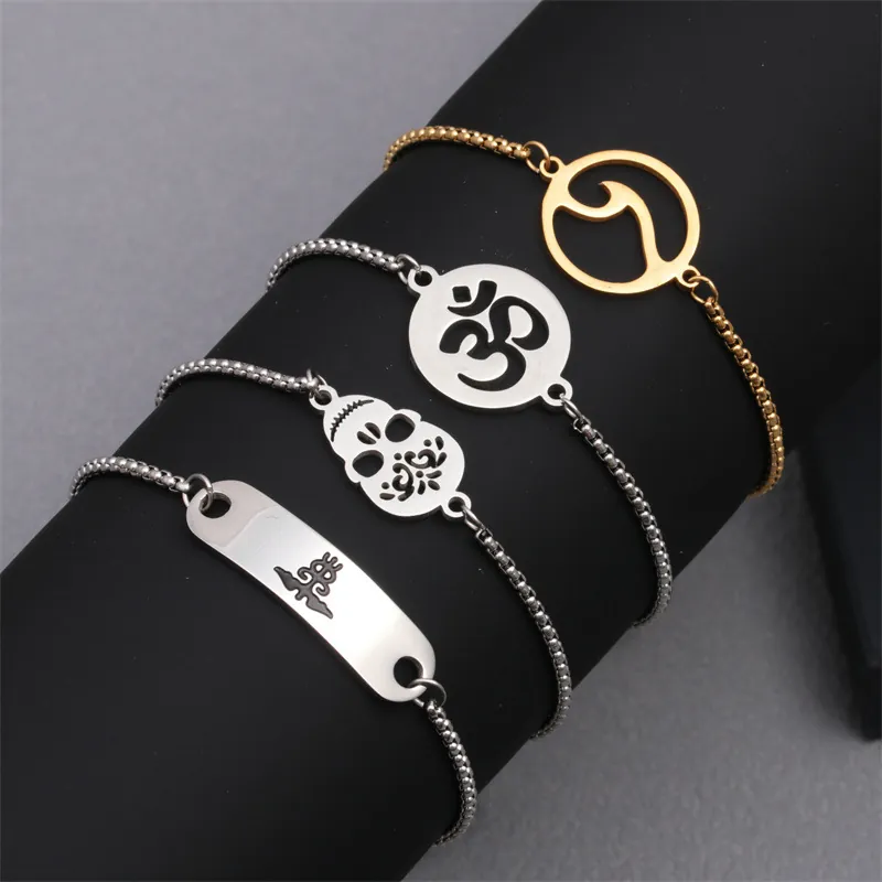 Bracelet Réglable En Acier Inoxydable Chaîne Bolo Crâne Om Alerte Médicale Léopard Charmes Punk Hip Hop Bijoux