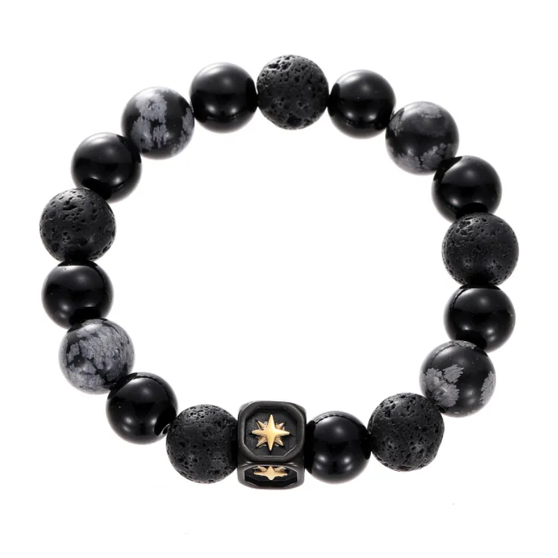 Black Agate Snowflake Obsidian Lava Stone Beaded Bracelet With Titanium Steel Star Square Charm For Men Cool Fashion