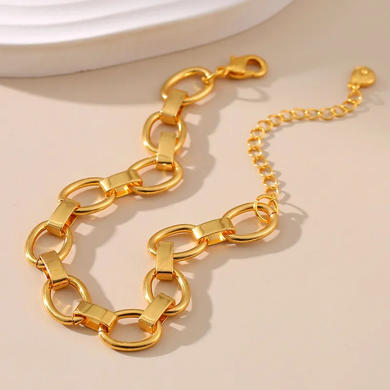 18K Gold Plated Copper Link Chain Bracelet Retro Geometric Chunky Minimalist Jewelry With Extension Chain