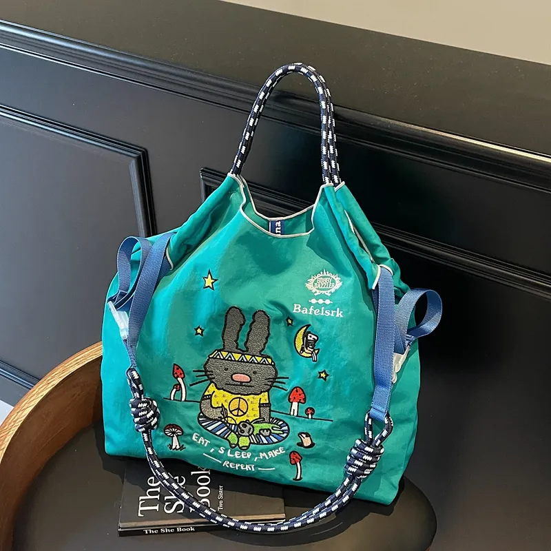 Cartoon Rabbit Embroidery Canvas Tote Bag Large Capacity Versatile Casual Handbag Shoulder Bag For Students