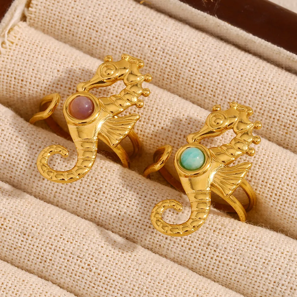 Marine Seahorse Adjustable Open Ring Stainless Steel 18K Gold Plated Fashion Gemstone Jewelry