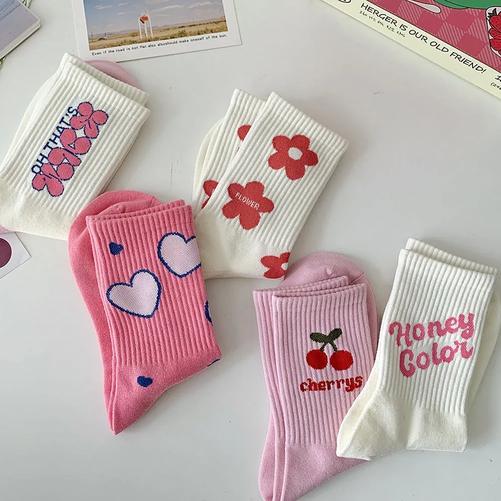 Women Crew Socks Cotton Blend Breathable Cute Floral Heart Cherry Embroidery Trendy Fashion Sweet Girls Soft
