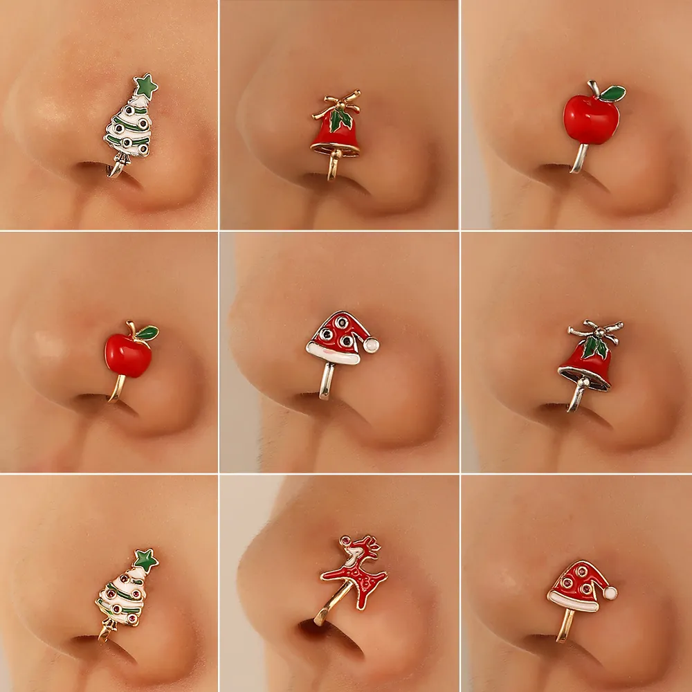 Copper Enamel Christmas Nose Cuff Non Piercing Nose Ring Reindeer Tree Bell Hat Apple U Shaped Festive Jewelry For Women