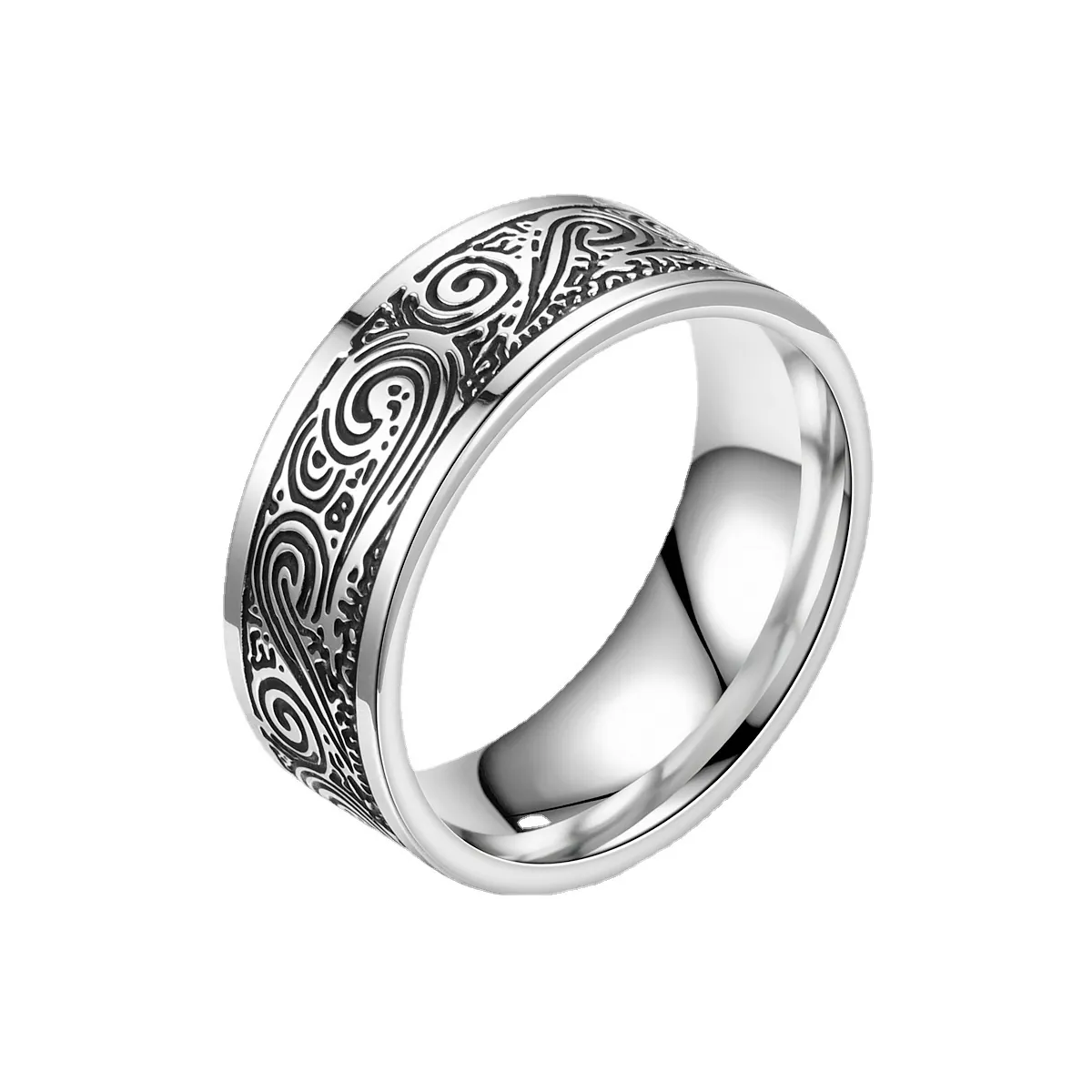 Anello A Fascia Acciaio Al Titanio Retro Vintage Geometrico Ragnatela Onda Triangolo Modello Gioielli Punk Uomo Donna