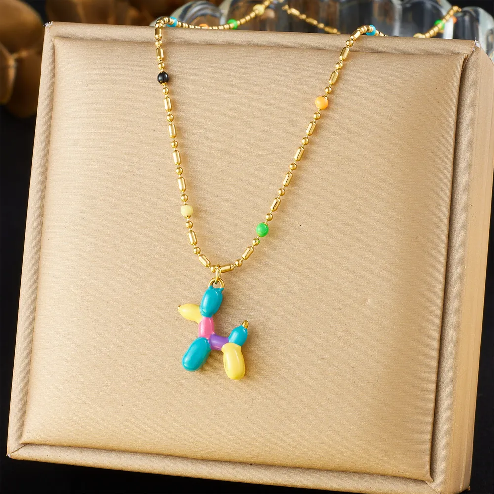 Balloon Dog Pendant Necklace Stainless Steel Colorful Beads Gold Plated Cartoon Cute Jewelry Gift For Women Girls