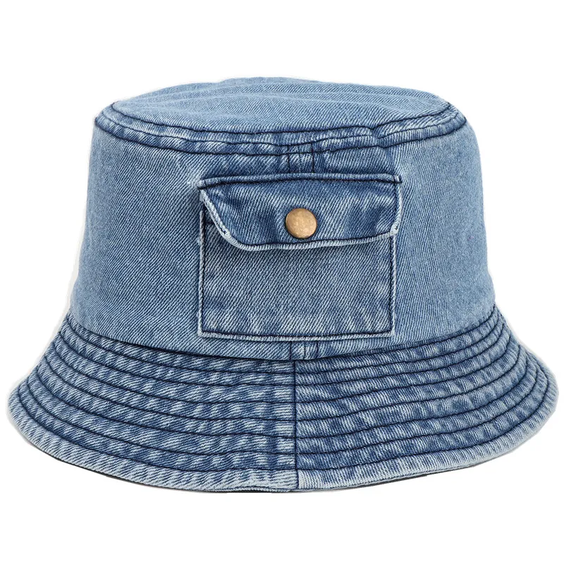 Denim Bucket Hat Women Vintage Washed Cotton Sunshade Fisherman Cap With Small Side Pocket Metal Button Short Brim Streetwear