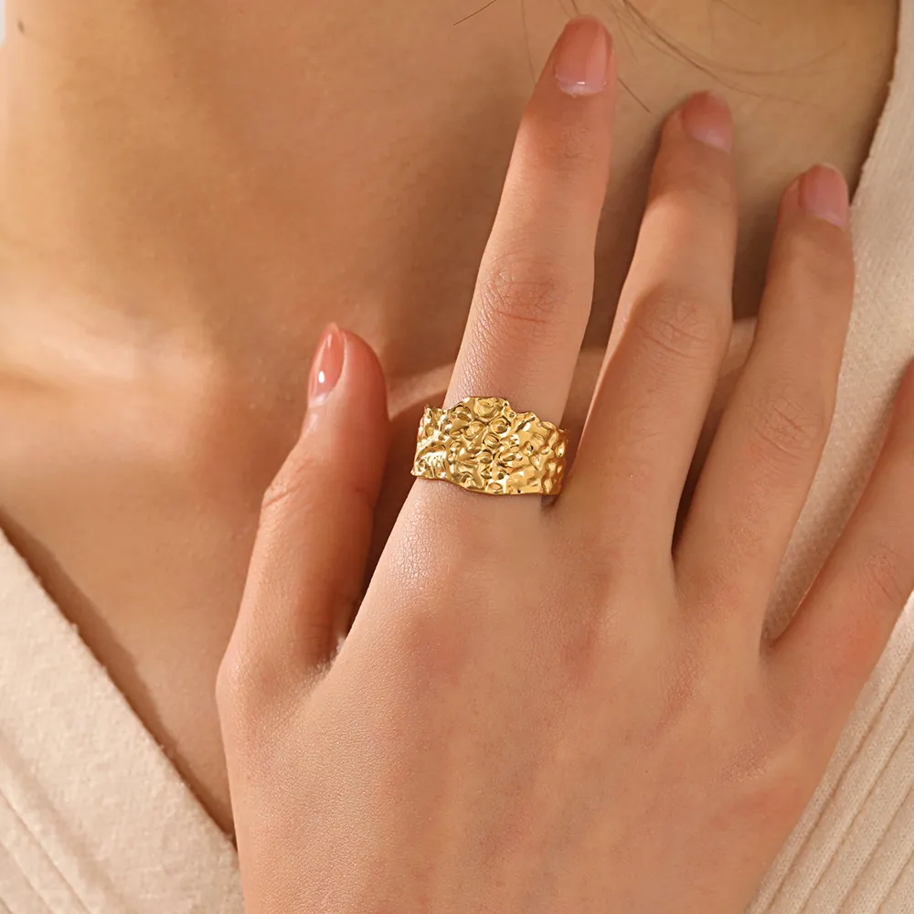 Hammered Texture Open Ring Stainless Steel 18K Gold Plated Adjustable Irregular Geometric Band Minimalist Jewelry For Women