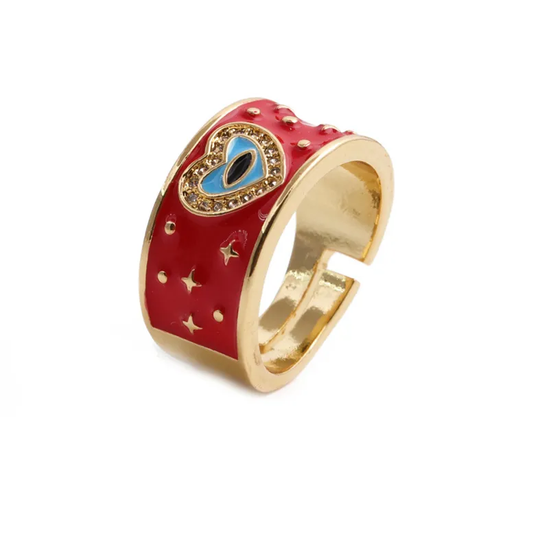 Anello Cuore Malocchio Rame Placcato Oro Smalto Zircone Intarsiato Regolabile Moda Gioielli Per Donne