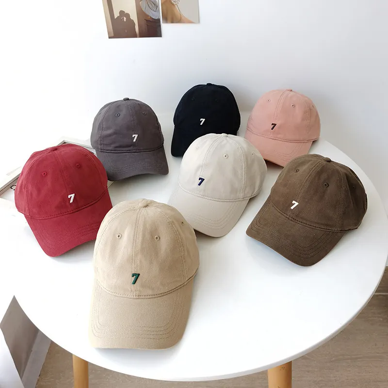 Washed Cotton Baseball Cap Number 7 Embroidery Soft Top Curved Brim Casual Adjustable Sun Hat For Women Men