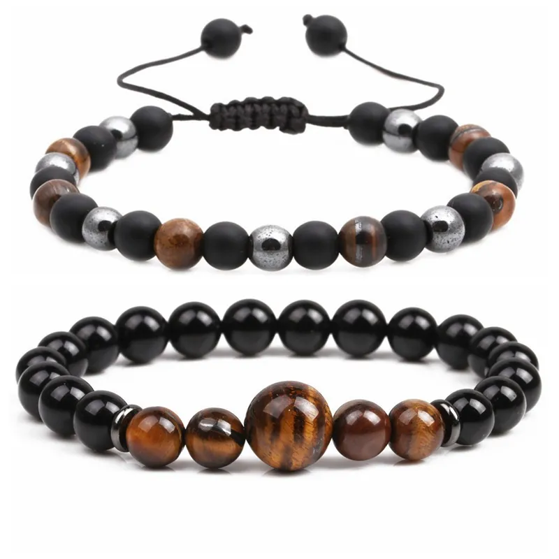 Bracelet de Perles en Pierre d'Oeil de Tigre Noir Mat Réglable pour Hommes Femmes Énergie de Guérison Corde Tissée Entretoises en Cuivre Bijoux Cadeau