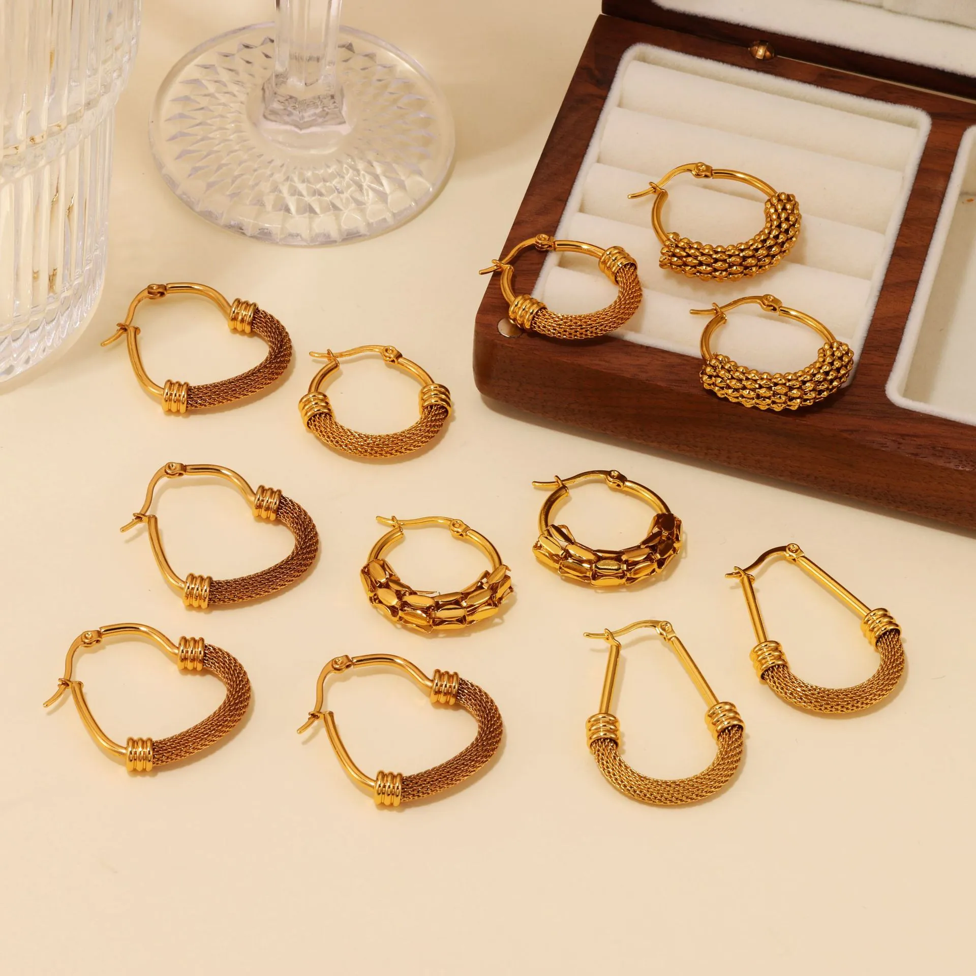 Vintage Stainless Steel Mesh Chain Twist Hoop Earrings Gold Plated Ins Style Retro Fashion Women Jewelry Earring