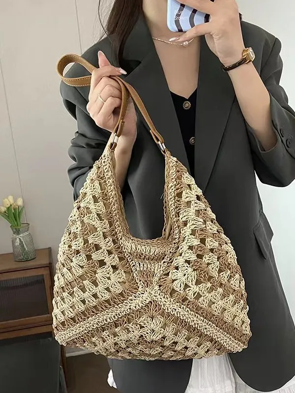 Borsa A Spalla In Paglia Di Carta All'Uncinetto Donna Con Tracolla In Pelle PU Intrecciata Traforata Colori A Contrasto