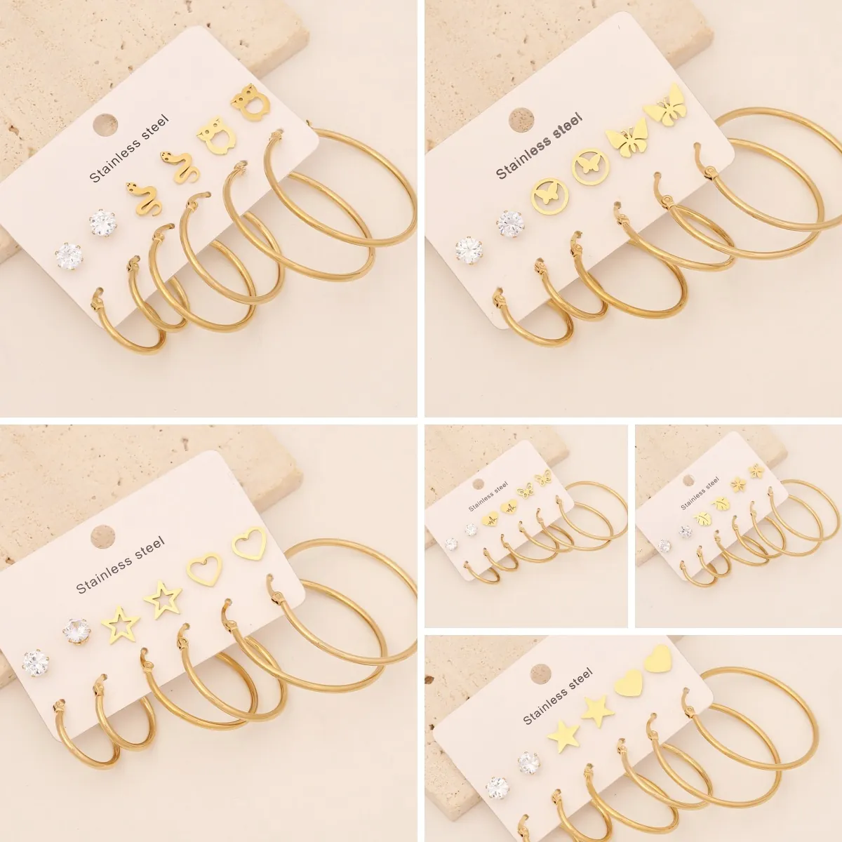 Boucles D'oreilles Créoles Et Clous En Acier Inoxydable Papillon Serpent Cœur Étoile Zircon Plaqué Or Bijoux Mode Femmes