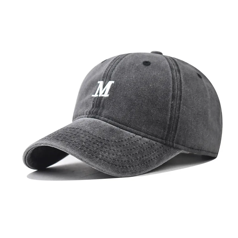 Washed Cotton Baseball Cap Vintage Distressed M Letter Embroidery Adjustable Strap Sun Hat For Men Women