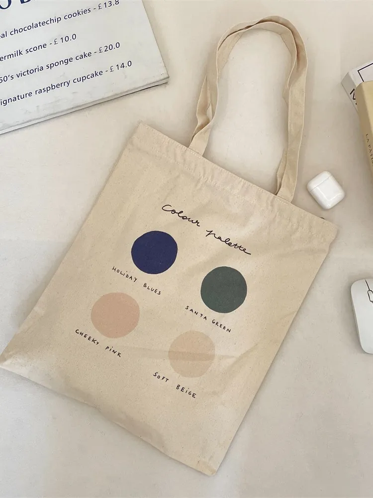 Women Canvas Tote Bag Large Capacity Zipper Shoulder Bag Korean Ins Style Artistic Palette Print For Student School