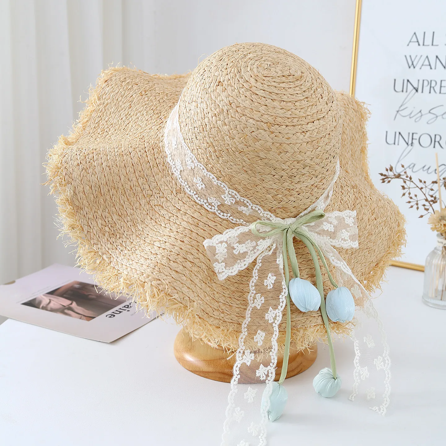 Wide Brim Paper Straw Sun Hat With Lace Ribbon Bow And Tulip Pendants Scalloped Edge French Pastoral Beach Vacation